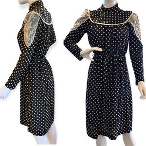 Vintage Lace Collar Prairie Farmhouse Cottagecore Dress Fit & Flare Long Sleeves